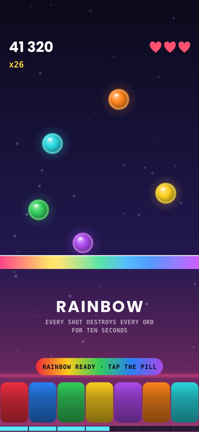 The Rainbow active: a wave filled with the whole colour ramp, the charged Rainbow pill above the bar, and a twenty-six hit streak.