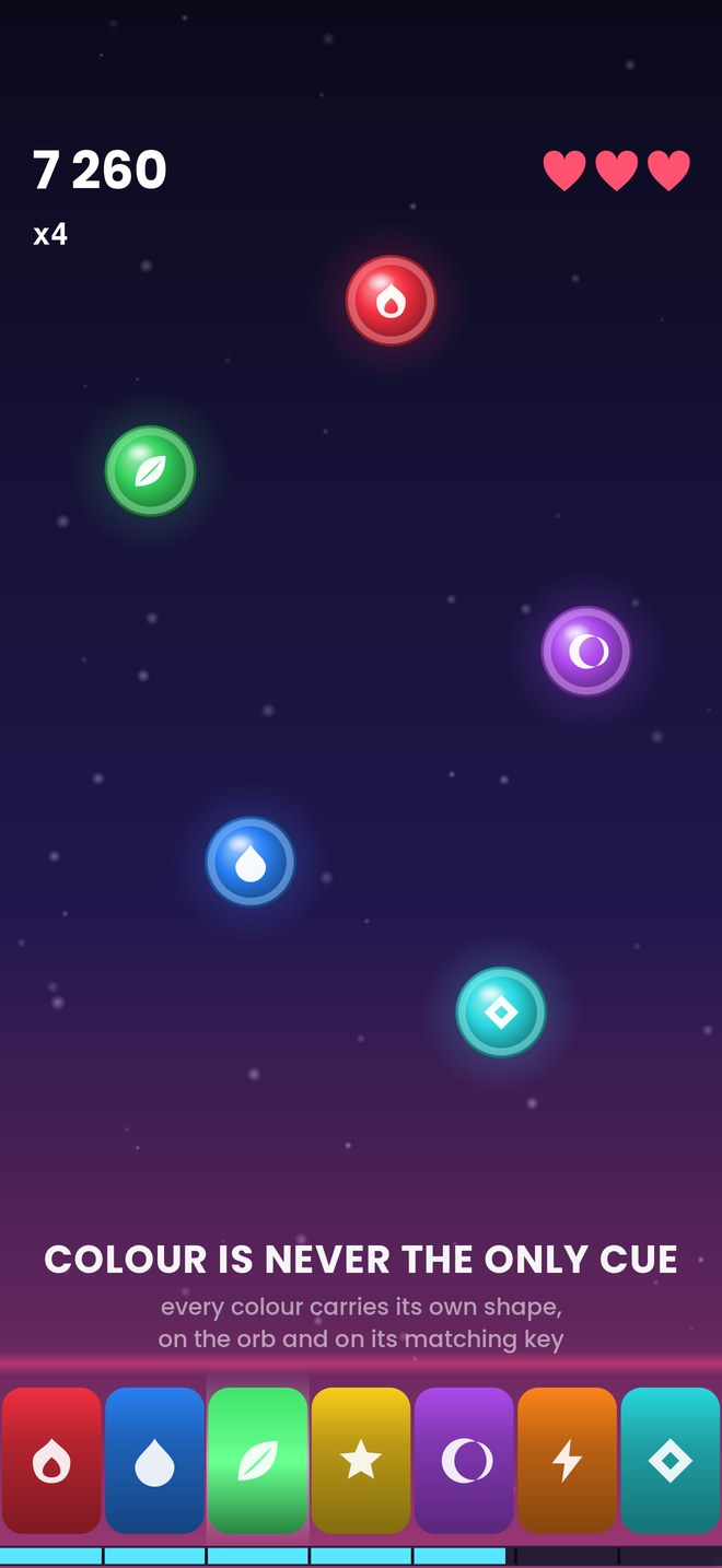 The same board with colour symbols turned on: a flame, drop, leaf, star and diamond on the orbs and on the matching keys.